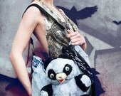 Up-Cycled Vintage Harajuku Boho Bag in Acid Wash Denim with Panda by Janice Louise Miller