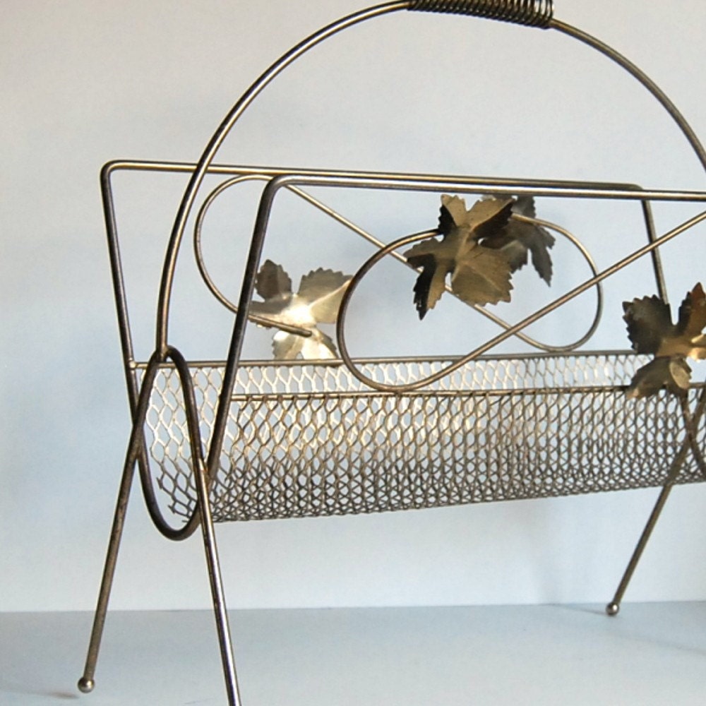 Vintage Magazine Rack Metal Mid Century with Ivy, Storage Organizer