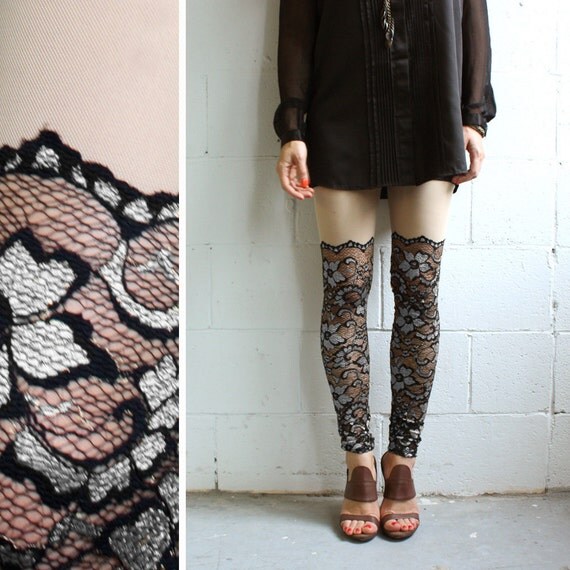 Psych Out Faux Thigh High Leggings - Black & Silver Lace - XS or M