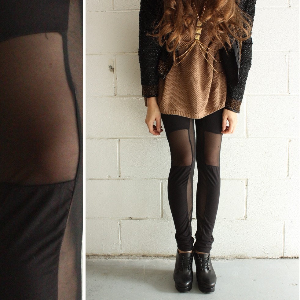 Black Jersey & Mesh Panelled Leggings - size Large - LAST PAIR