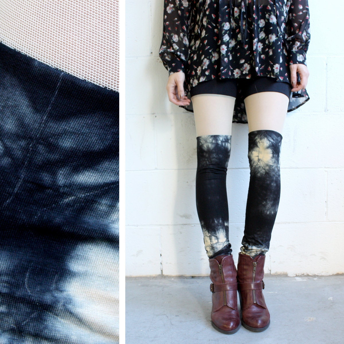 Leggings - Faux Thigh High - Black and Taupe Tie Dye - XS, S, M, L