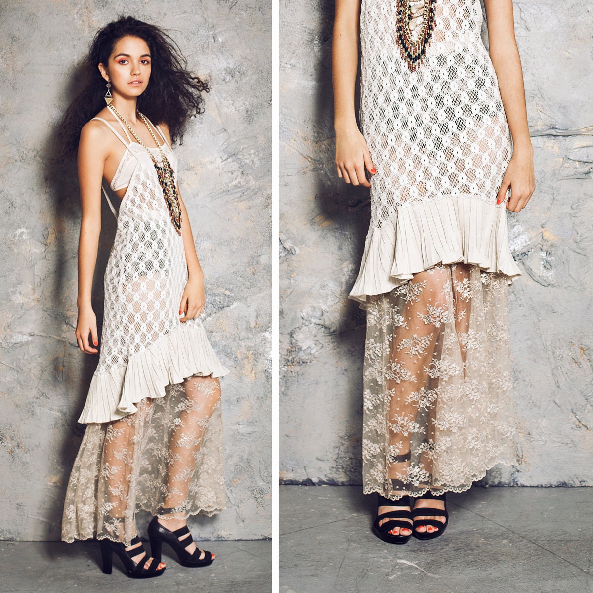 Maxi Skirt - Pale Taupe Sheer Lace with Metallic Embroidery - S or L