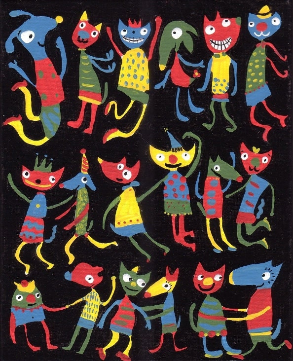 Fun Dogs and Cats Dance Art Print 8x10 - Dancing Animals Kids Childrens Room Decor - Primary Colors, Black, Red Yellow, Blue, Green