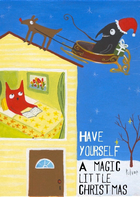 Funny Cat n Bird Christmas Art Card or Small Print - Whimsical Animal Holiday Folk Art - Santa Crow and Reindeer Lands on Roof