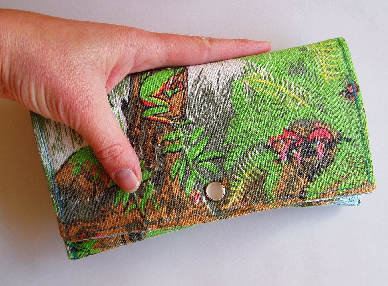 Vintage tea towel purse  - Frogs and ferns and fungus, oh my