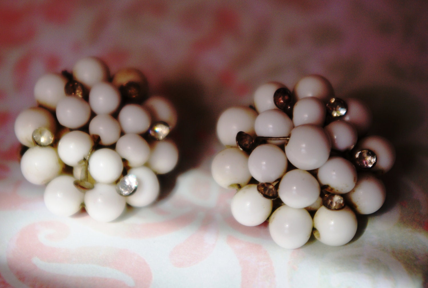 SALE Rhinestone and White Glass Bead Earrings
