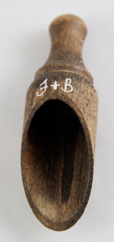 Rustic round wooden scoop with initials