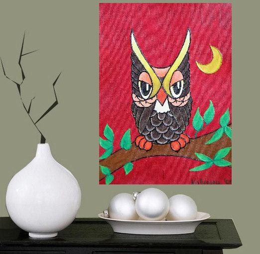 Eagle Owl - Guardian of the night... original painting, 10.2x14", 26x35,5 cm, acrylic, canvas, bird, animal, night, fantasy