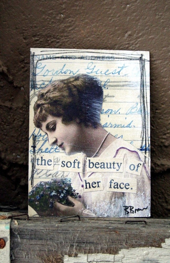 Soft Beauty Woman Holding Flowers Collaged ACEO Vintage Image & Handwritten Paper