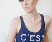C'est Si Bon. SMALL French Quote Racerback Tank in Indigo