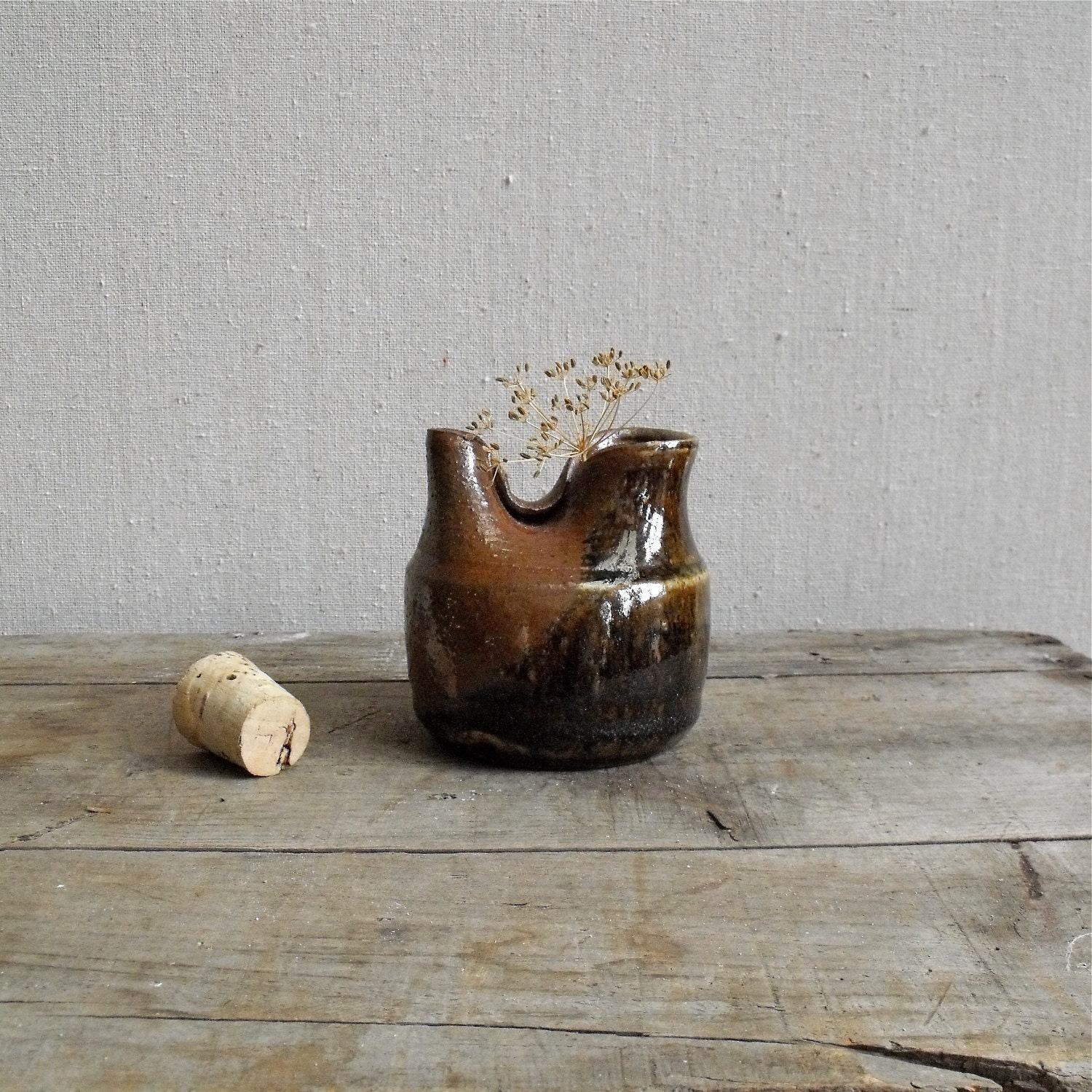 Vintage Art Pottery : Mid Century Hand thrown Pottery Jar, Brown Glazed