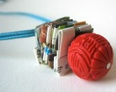 Asian Inspired Eco Necklace - Made with Reclaimed Paper and Red Bead