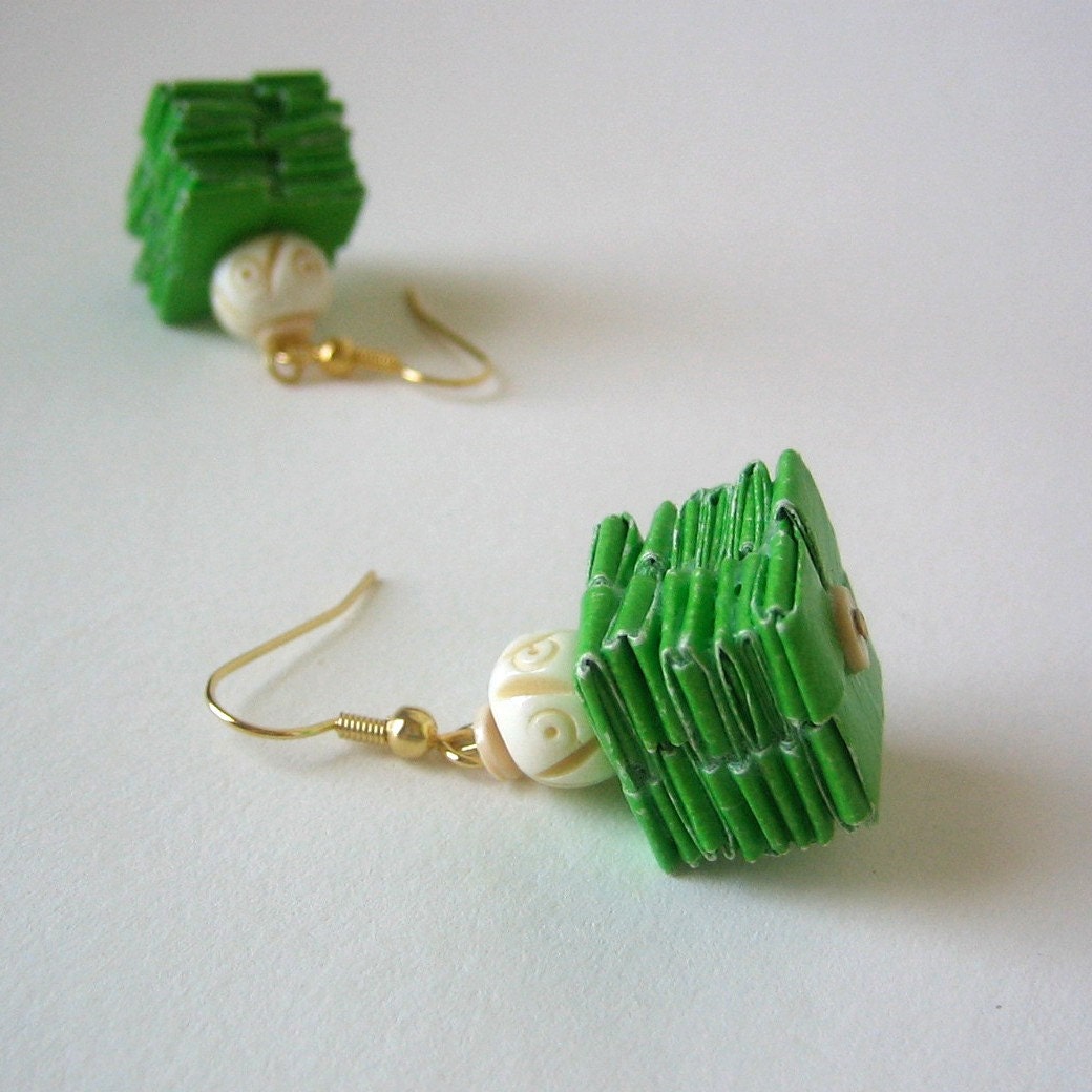 Spring Grass Green Rescued Wrapping Paper Earrings - Eco Chic