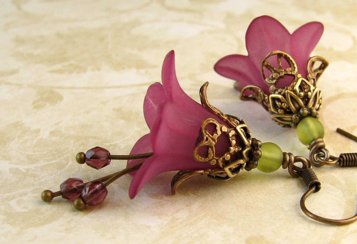 Purple Flower Earrings Bridal Flower Earrings Flower Dangle Earrings Woodland Earrings Purple Brass Filigree Earrings Victorian Earrings