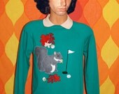 vintage 80s sweatshirt collar golf SQUIRREL nuts applique rhinestone raglan crewneck Small Medium humor kawaii