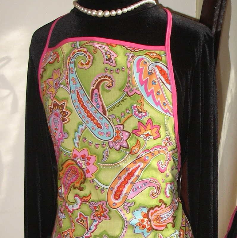 Spring green paisley cotton apron