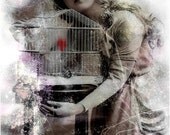 Black Friday Cyber Monday Art Collage Digital Mixed Media Print Photo Merge Vintage Red Birds Birdcage Lady 8X10