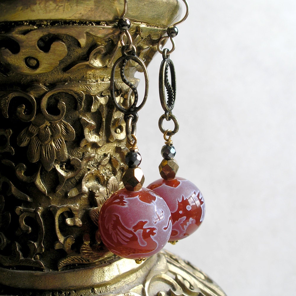 Etched Carnelian and Gold Earrings- Dragon Phoenix Carnelian Drop Earrings- Divine Pair Earrings