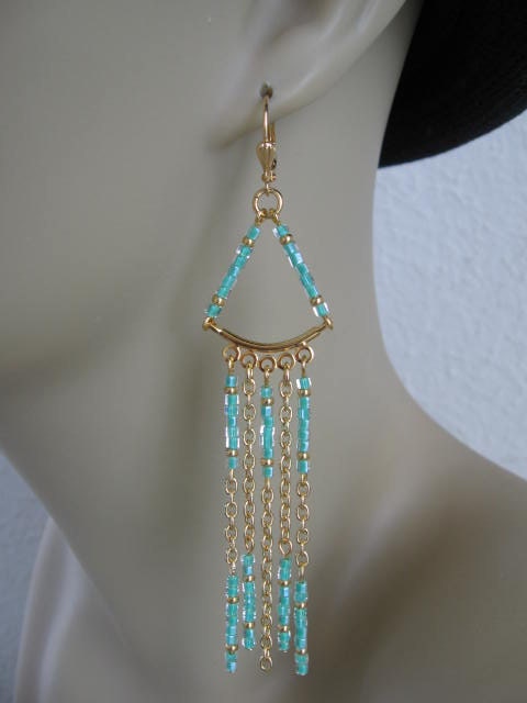 Seed Bead Chain Dangle Earrings -  Aqua Green
