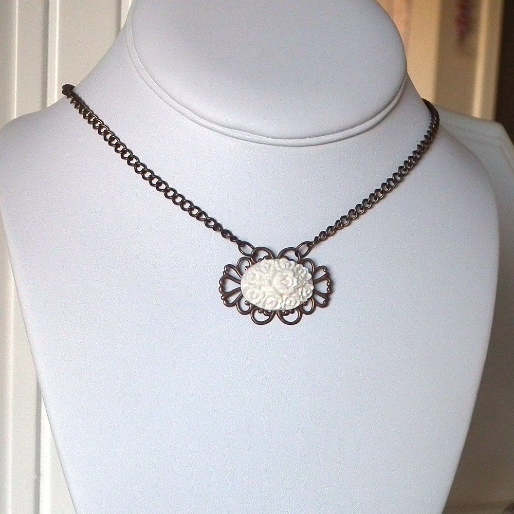 White Lucite Flowers Cabochon Brass Filigree Necklace