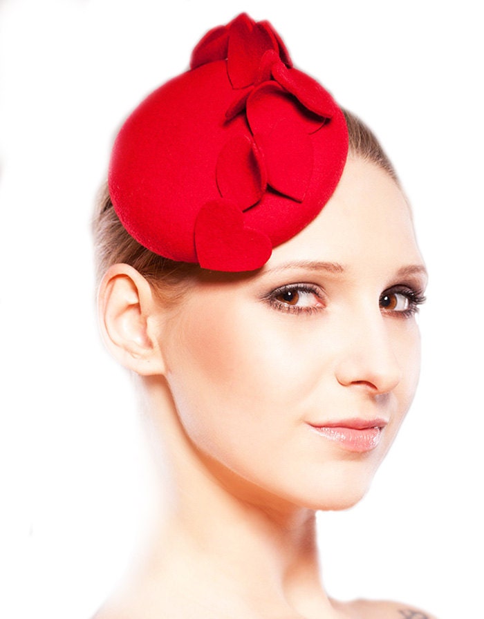 Red Bridal Cocktail Hat Love Hearts Designer Weddings Wool Fascinator Handmade Head Piece Unique Accessories Heart Free Shipment