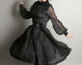 Vintage Little Black Dress Sheer Party Pleated Dress with Long Ribbon Bow