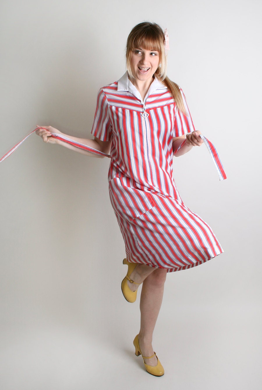 Candy Striped Dress - Vintage Striped Basic Tunic Dress -  Medium to Large
