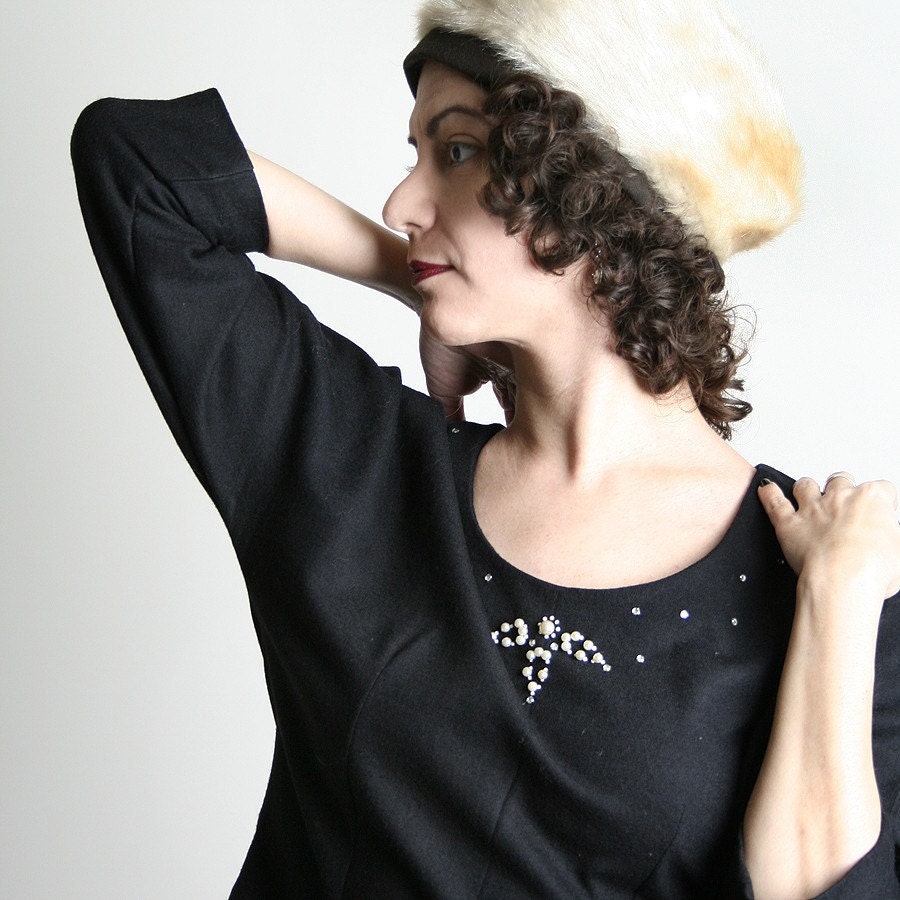 Black Beaded Blouse Delicate Vintage Evening Fancy Blouse - Small