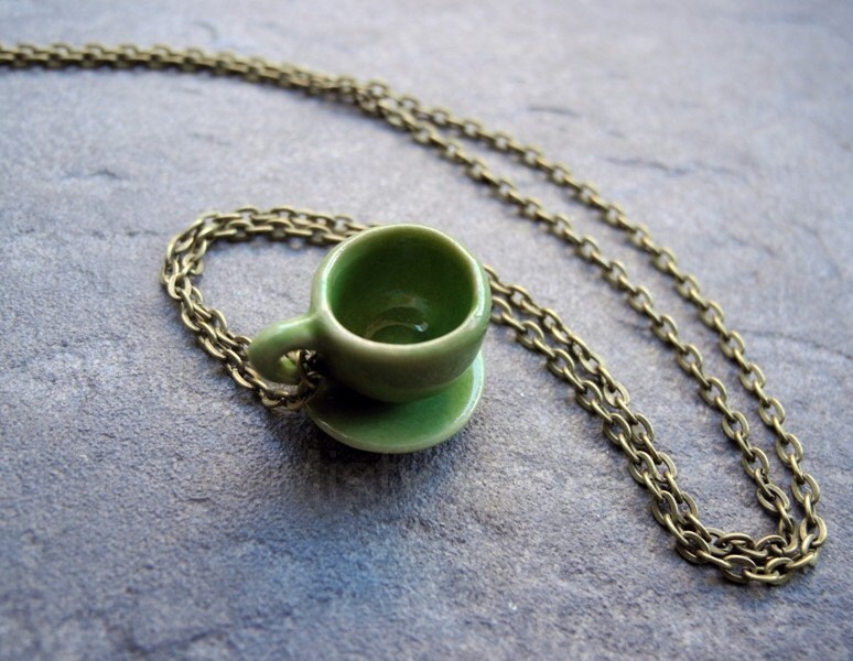 Green Coffee Cup Necklace - Tea Cup Necklace - Moss Green