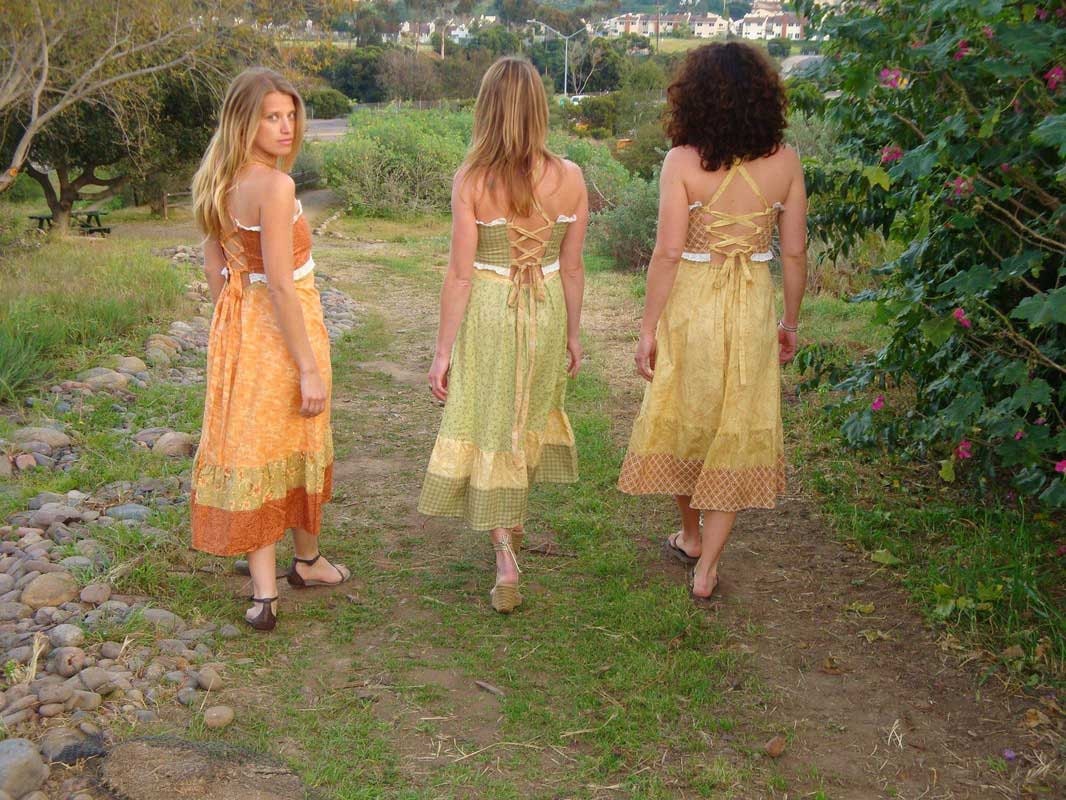 SALE Cotton Eyelet Hippie Dress Patchwork Tan Summer Spring Skirt Designer Boho elyse SIGNATURES oRiGiNaLs