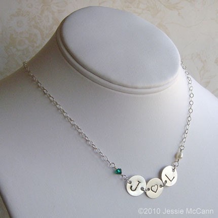 Hand Stamped Necklace - Personalized Sterling Silver Charm Jewelry - Connect Your Heart Trio (Large Initial) with Birthstone or Pearl
