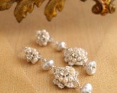 Delicate Pearl Wedding Earrings / Silver Lace/ Bridal Jewelry / White Pearls / Vintage Rhinestones / "Baby's Breath"