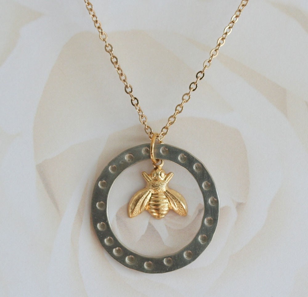 Honey Bee Necklace ,Bug Necklace, Insect Necklace, Bee Necklace , Circle Necklace
