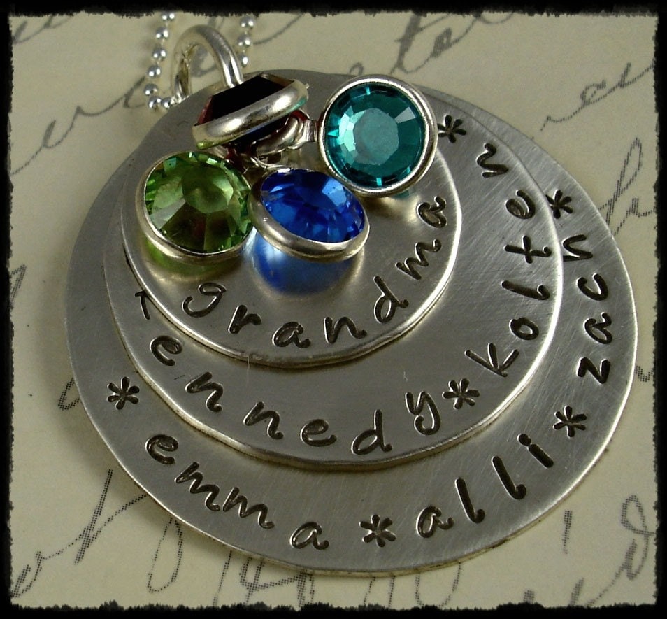 Hand Stamped Necklace for Grandma or Mom Custom Necklace Large Triple Sterling Handstamped Necklace  With BIRTHSTONES by RoseCreekCottage