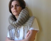 Fringed Cowl Knitted in Chunky Beige Aclylic Wool Blend