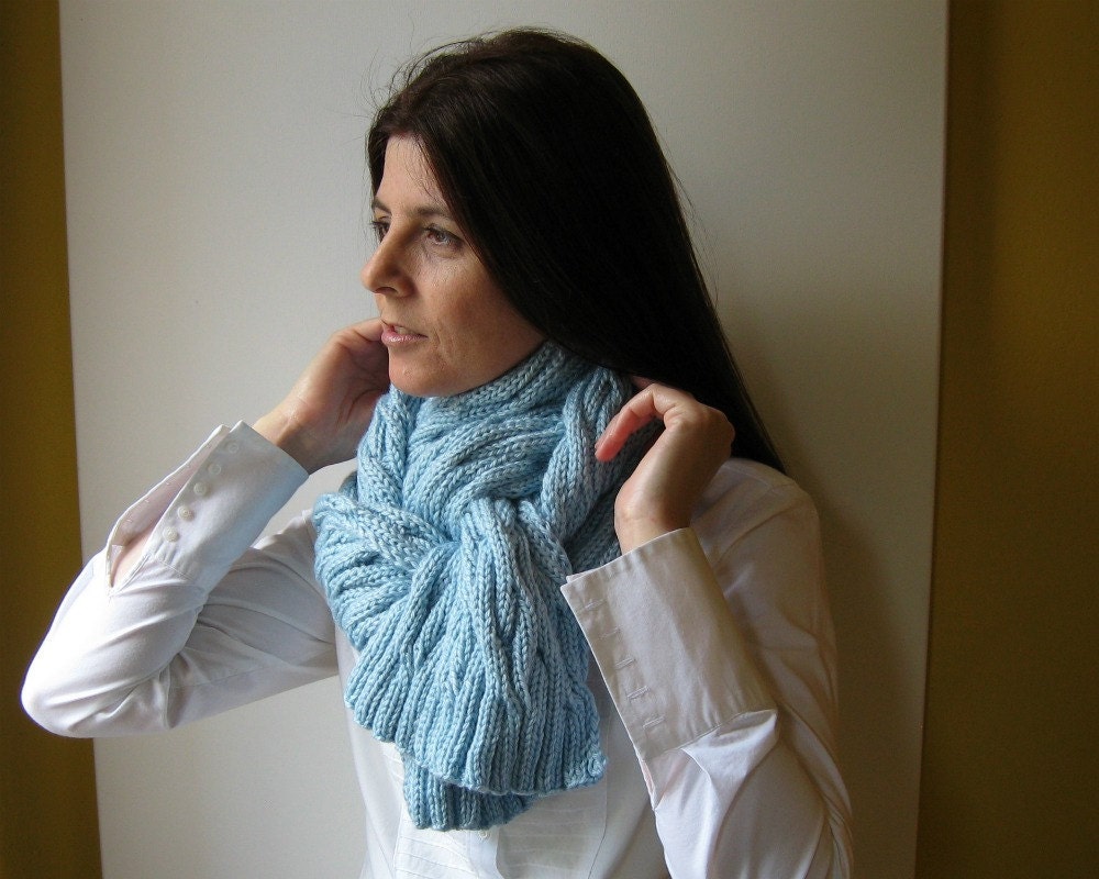 Baby Blue Scarf Knitted with Cables Here and There