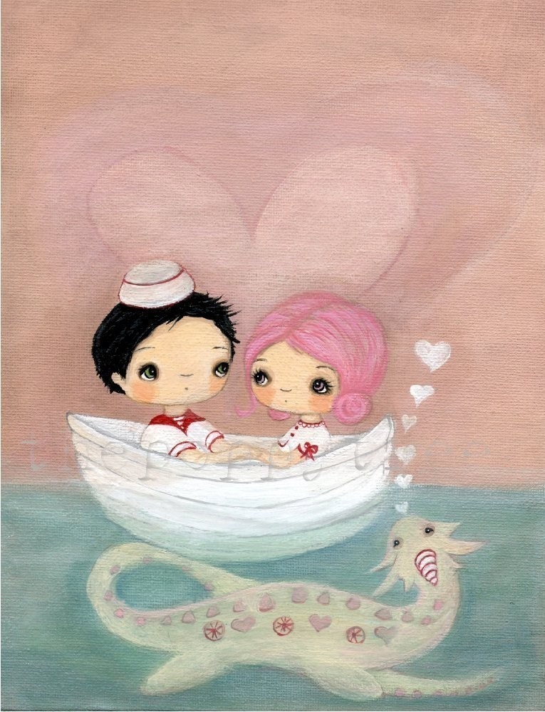 Sea Monster Art Couple Love Boat Nautical Sailor Print---The Love Ness Monster