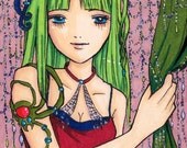 Original ACEO Art Spider Arachnid Girl Anime Gothic Lolita Green Mauve Red
