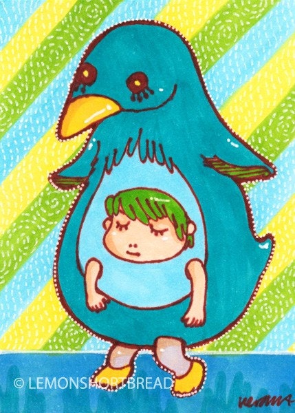 ACEO Penguin Boy Art Print, Giclee Archival, Pop Surrealism Illustration Kitsch Humor Aqua Yellow Blue 1/25