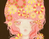 Art Print 4.5 x 6 Illustration Floral Pop Surrealism Girl, Archival Giclee, Flower Power Pink Shoujo Retro Anime Style