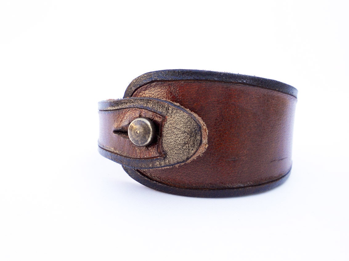 Unisex Leather Wristband, Mahogany Brown with Black Trim