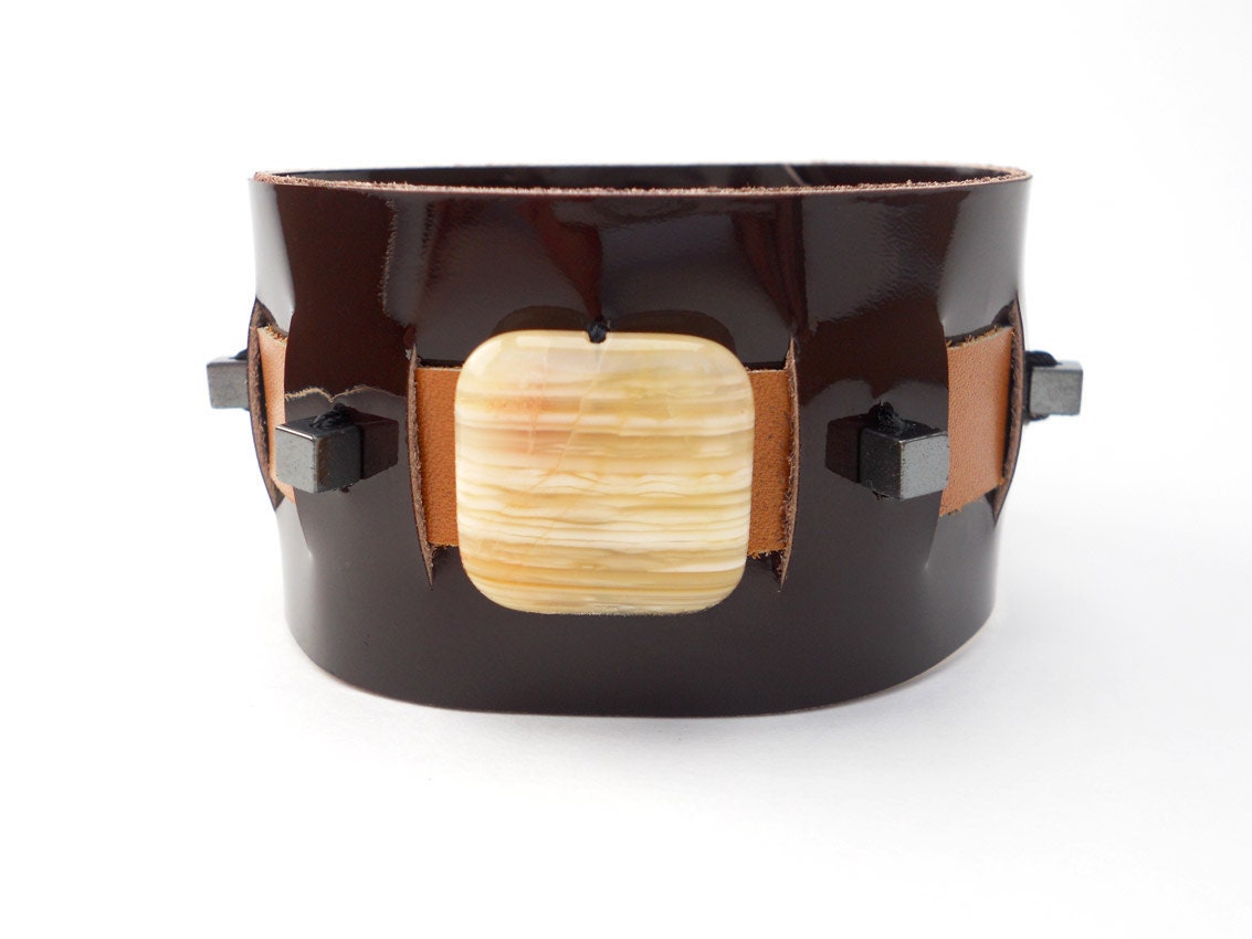 Brown Patent Leather Cuff Bracelet with Agate Bead