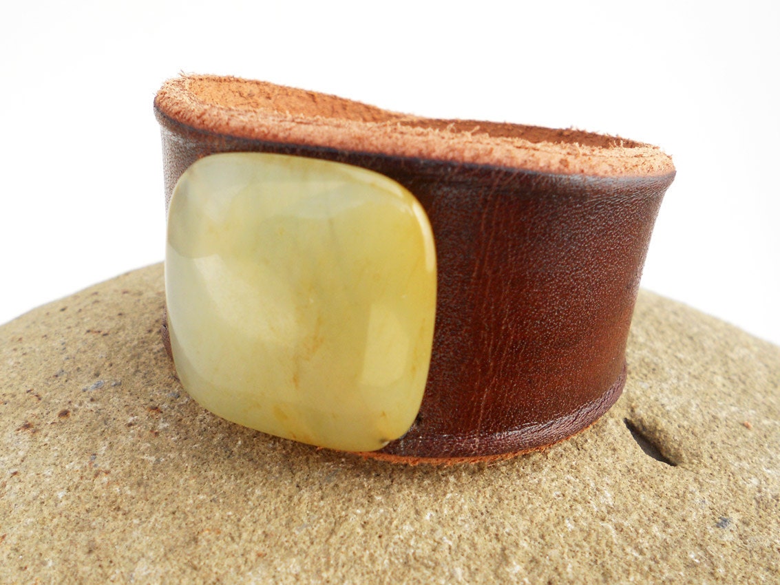 Brown Leather Cuff with Large Jade Stone Bead