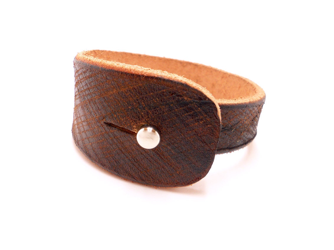 Hand Etched Brown Leather Cuff, Unisex Leather Accessory