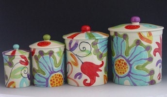 Floral Canister Set - Jubilation Canister Set of Four - Colorful Whimsical Pottery Light Bright Kitchen Decor Gift Gourmet Baker Chef  J-320
