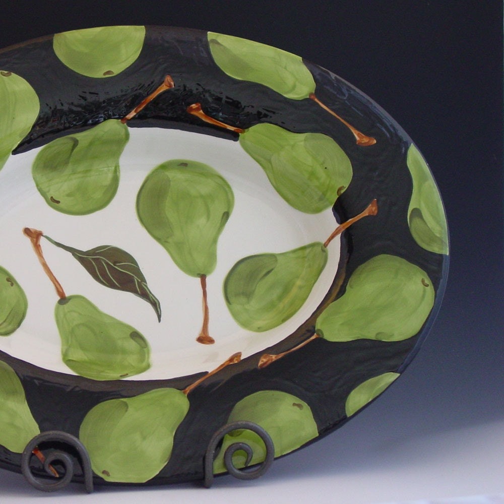 Family Style Serving Platter - Pear XLg Oval Rim Platter - Green Pear Pottery Autumn Thanksgiving Kitchen Serving Home Decor Gifts  BWP-177
