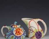 Floral Cream and Sugar Set -Jubilation Funky Cream & Sugar- Colorful Stripe Floral Pottery Serving Cottage Chic Home Decor Fun Gifts J-374