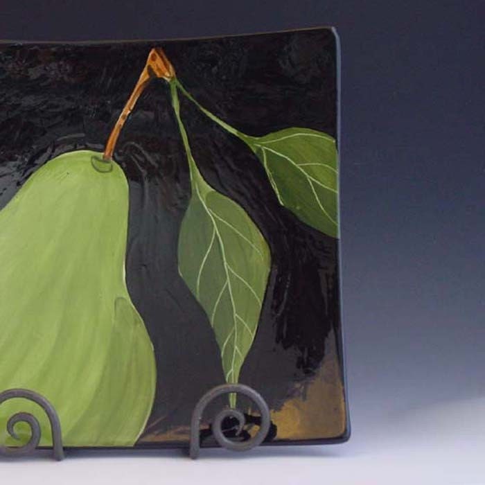 Square Plate - At Large Pear Large Square Sushi Tray  - Colorful Handpainted Green Pear Pottery for Serving Home Decor Gifts ALP-167B