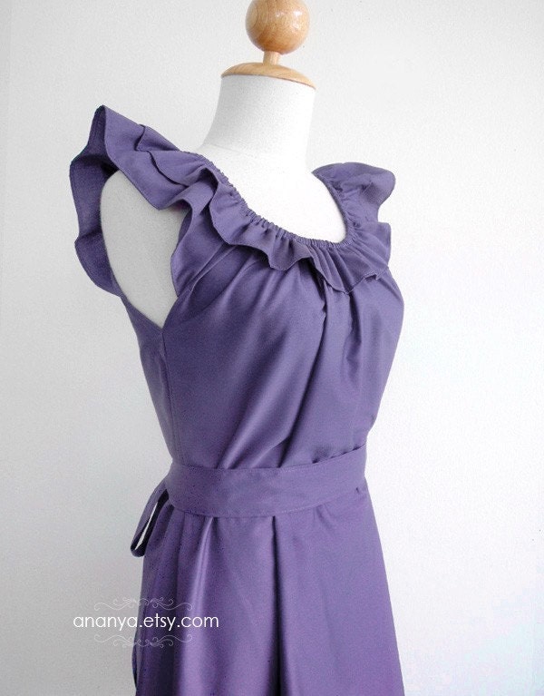 Custom fully lined bridesmaid ruffled collar dress w/ sash, pockets in Lavender - custom size, length and colors