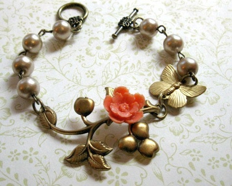 Brass Butterfly Bracelet, pearls with orange flower - brass charms